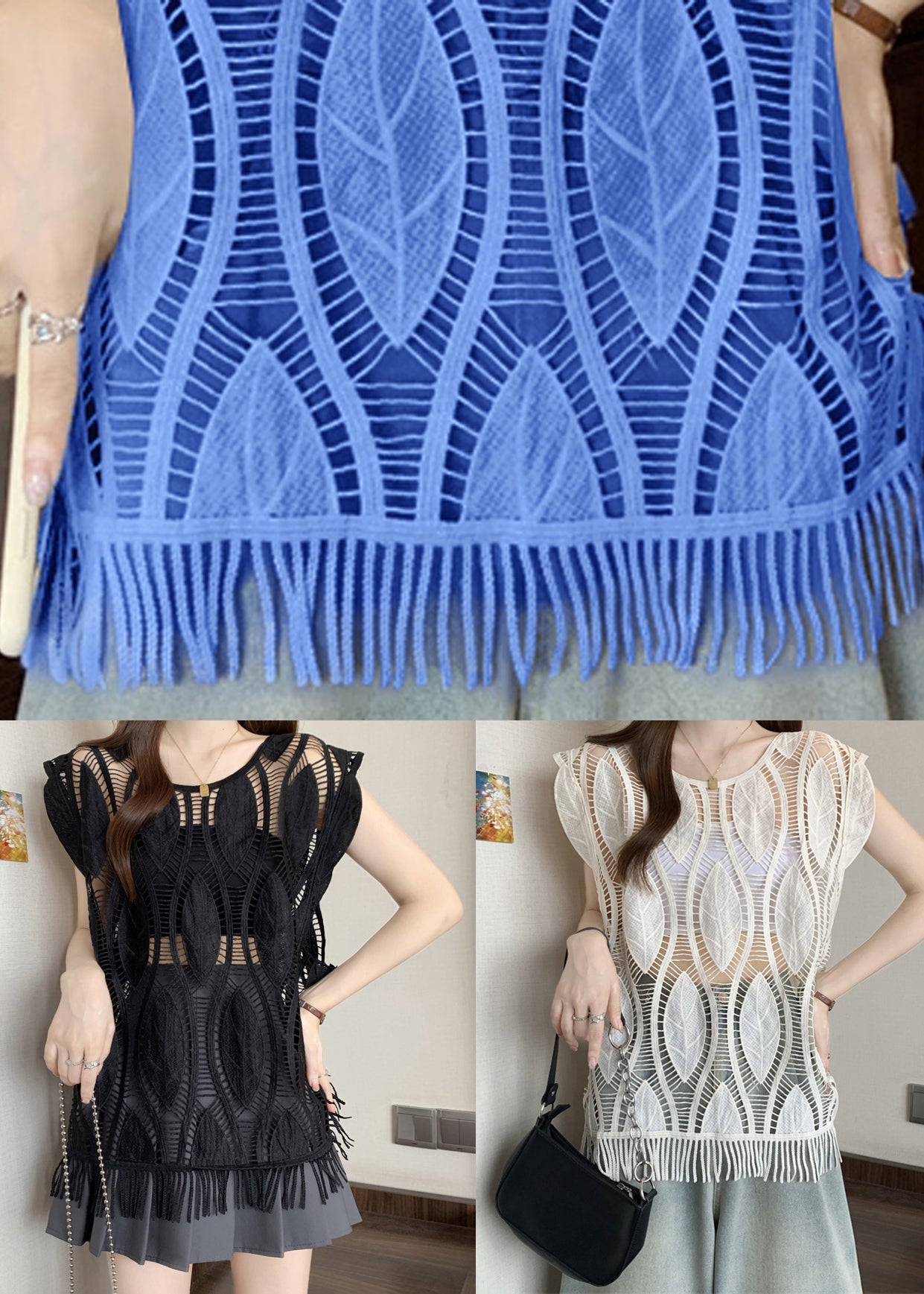 Art Apricot O-neck Tasseled Hollow Out Cotton Tank Summer