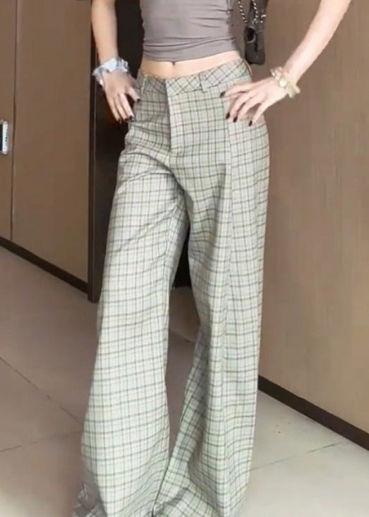 Plaid High Waist Cotton Wide Leg Pants Fall