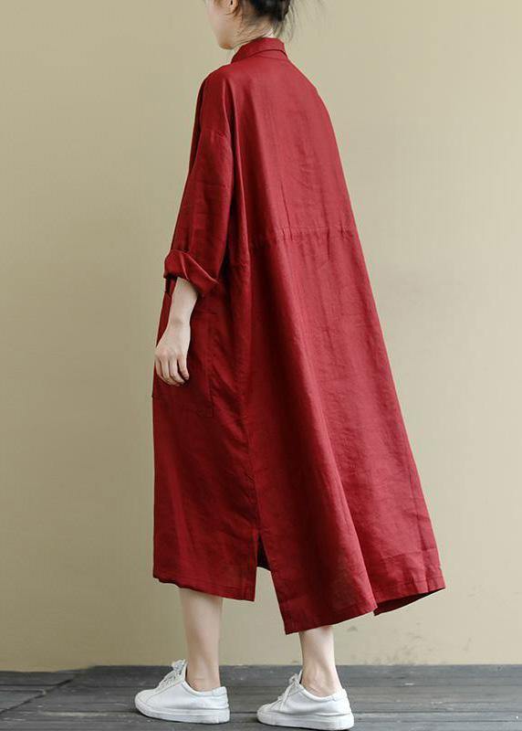 Red Linen Shirt Dress Oversize Spring Maxi Dresses