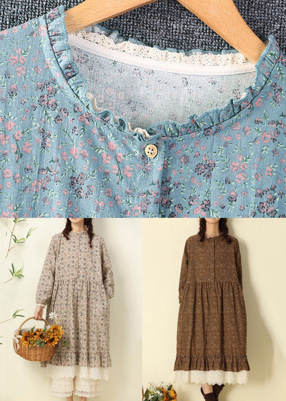 Coffee Ruffled Print Cotton Long Dresses Spring