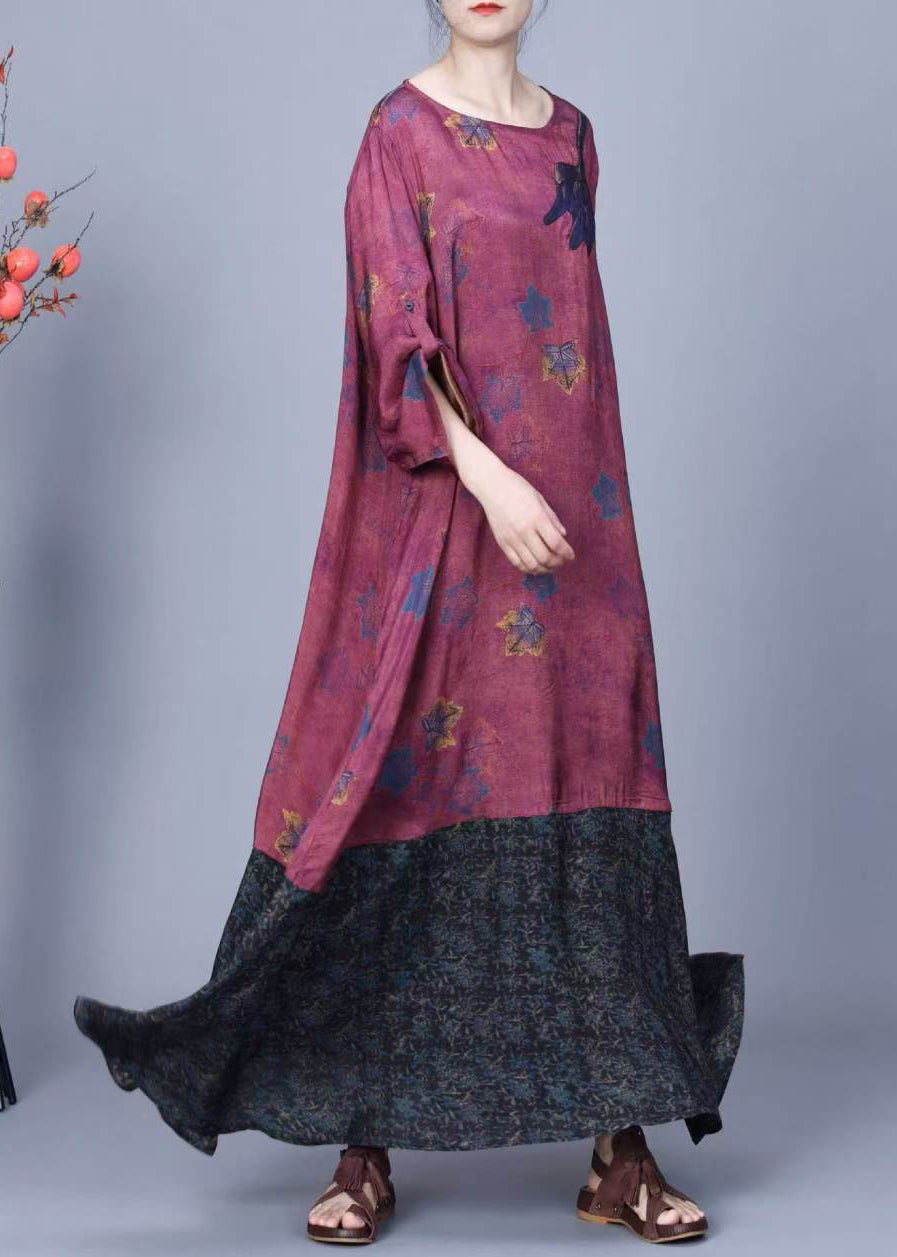 Purple Print Pockets Patchwork Silk Long Dresses Spring