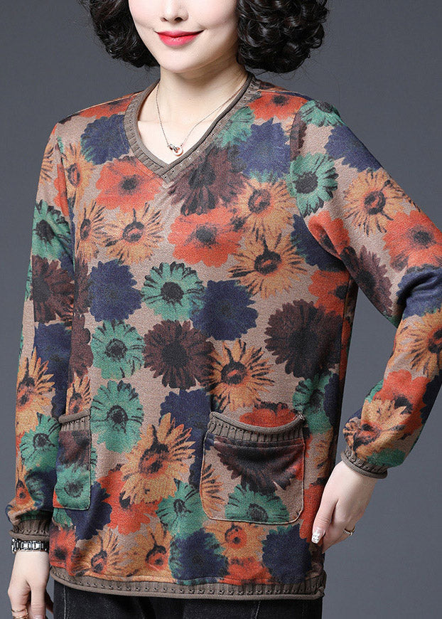 Baggy V Neck Print Pockets Knit Tops Long Sleeve
