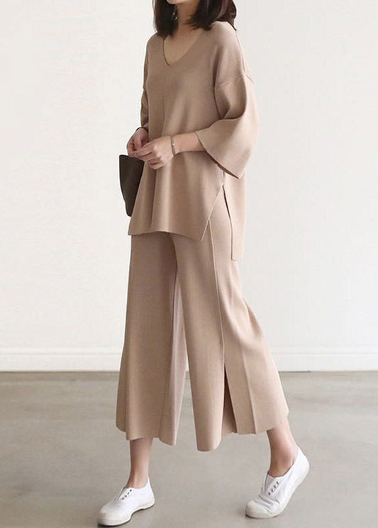 French Apricot V Neck Knit Top and Wide Leg Pants Two Pieces Set Spring