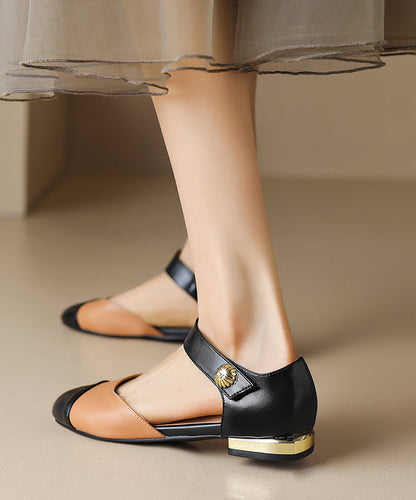 Faux Leather Flat Sandals Beige Splicing Buckle Strap