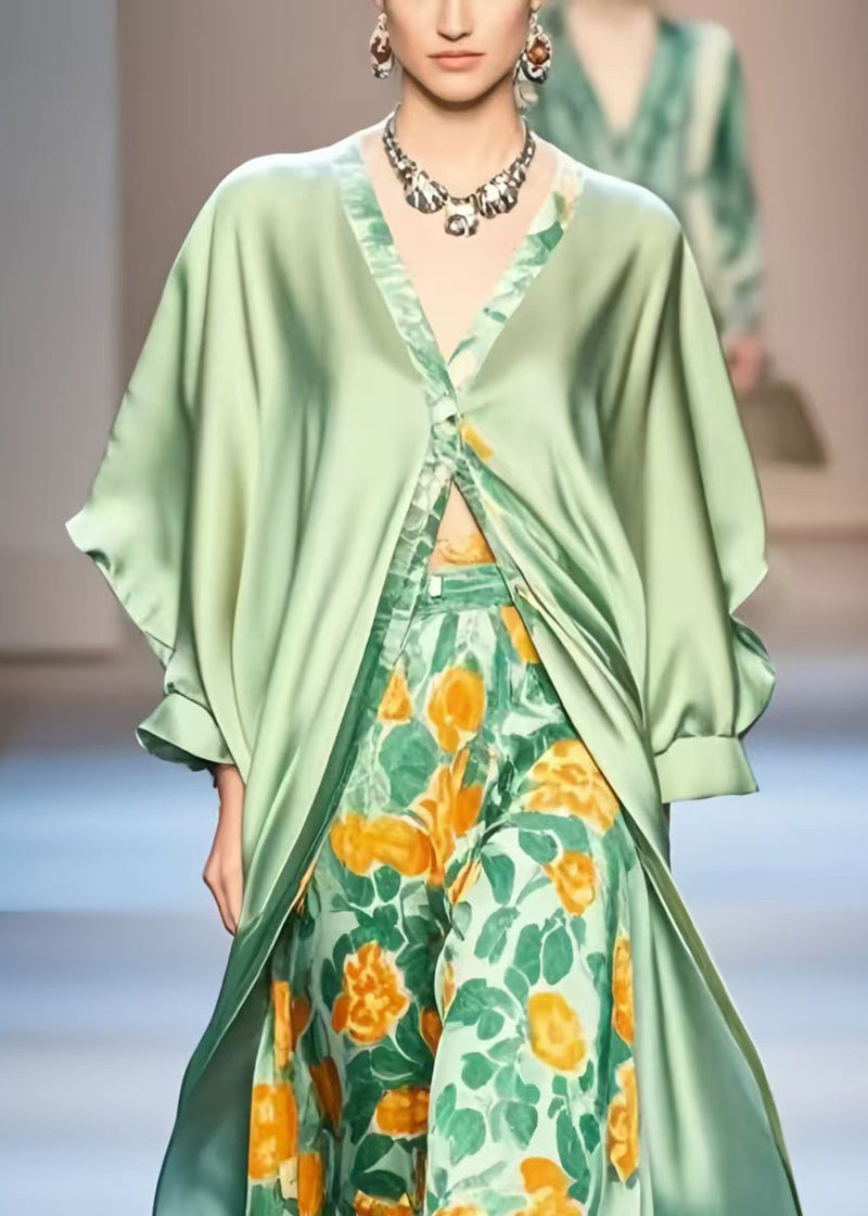 Original Design Green Print Silk Long Dress Batwing Sleeve Spring