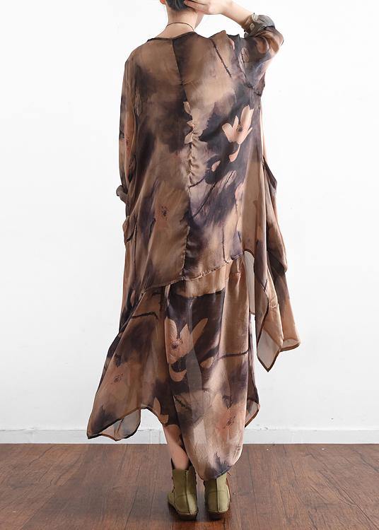Khaki Print Asymmetrical Design Long Summer Chiffon Dress