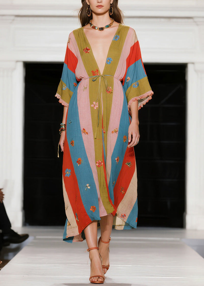 French Colorblock V Neck Patchwork Cotton Dress Summer