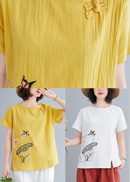 Fitted White Embroideried Lotus Blouse Tops Summer Cotton Linen