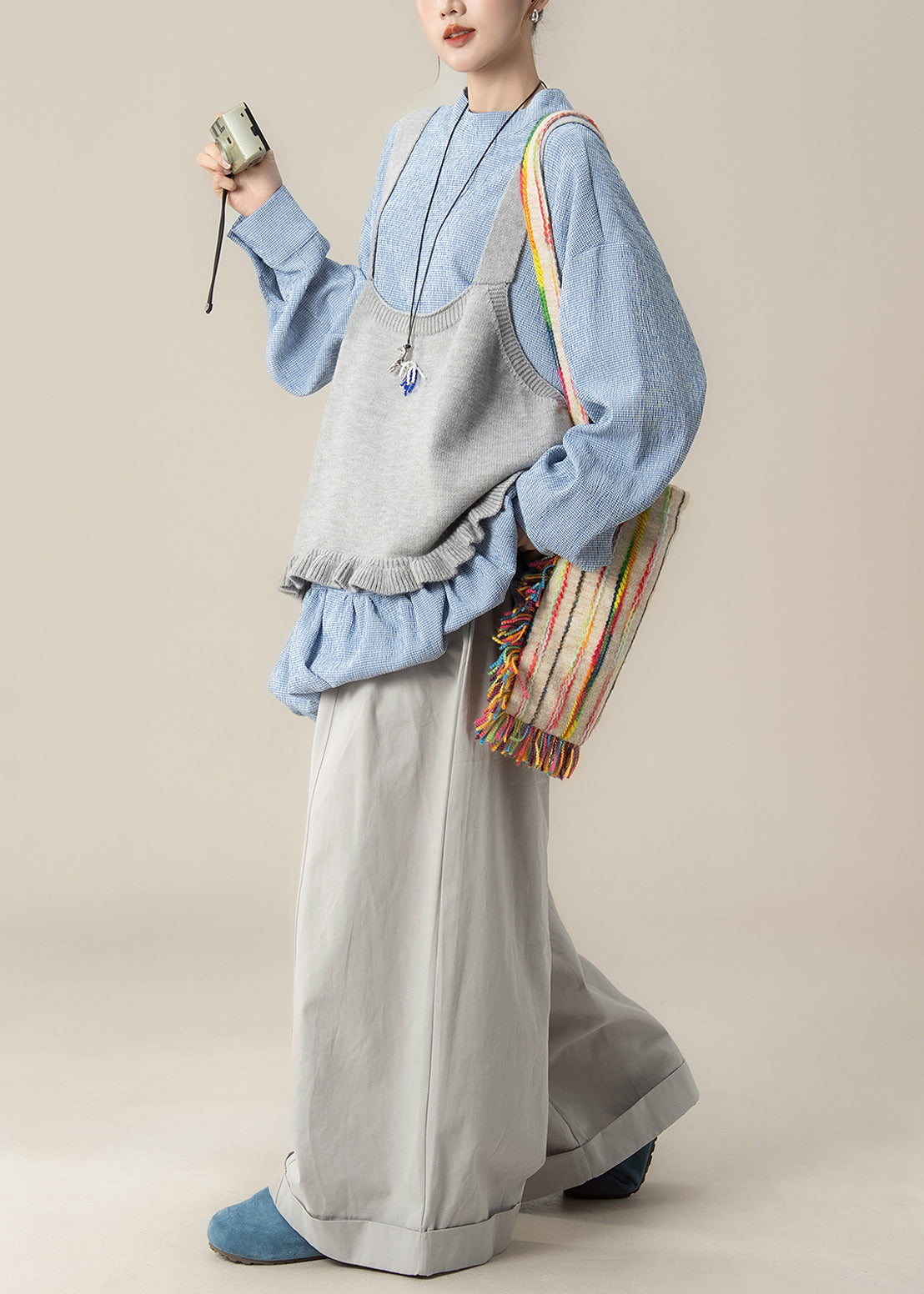 Loose Grey Ruffled Knit Vest Blue Lace Up Tops and Pants Cotton Three Piece Set Fall