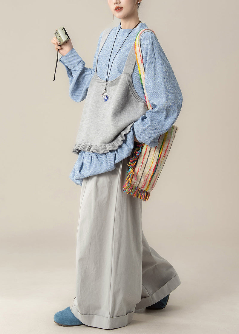 Loose Grey Ruffled Knit Vest Blue Lace Up Tops and Pants Cotton Three Piece Set Fall