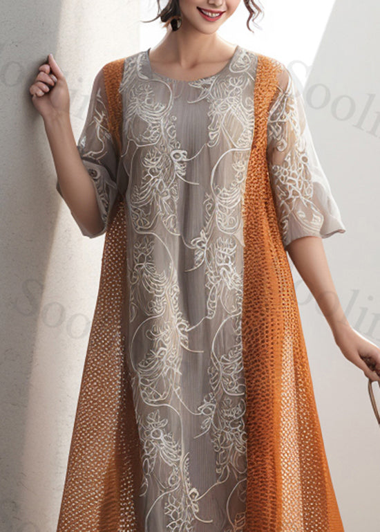 Orange O Neck Print Patchwork Silk Dresses Summer