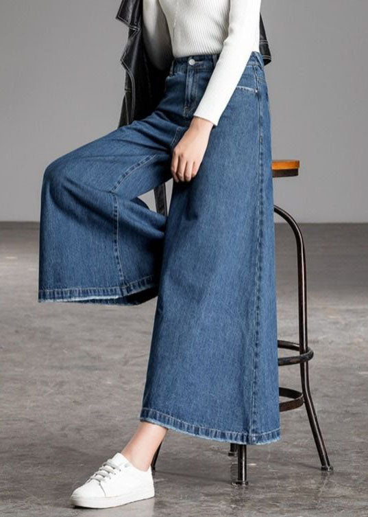 Blue High Waist Pockets Wide Leg Fall Denim Pants