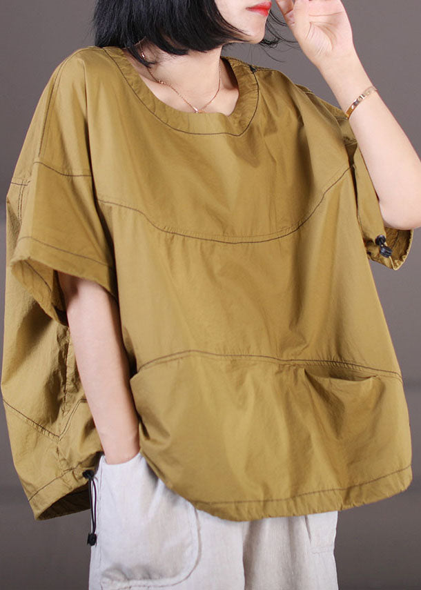 Yellow O-neck Pockets Line Cotton Top Short Sleeve