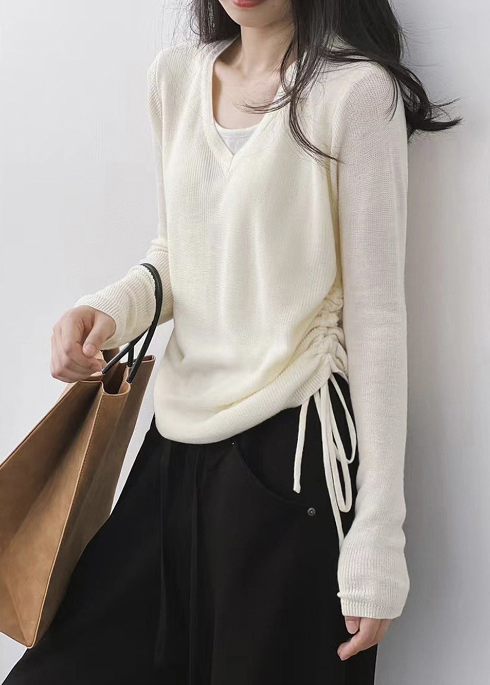 French Apricot V Neck Cinched Knit T Shirts Top Fall