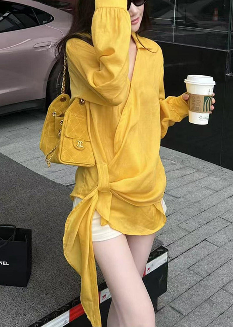 Yellow Peter Pan Collar Asymmetrical Cotton Shirts Fall