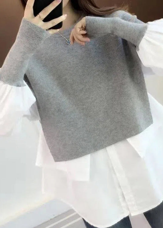 Grey O Neck False Two Pieces Patchwork Knit Sweater Top Fall
