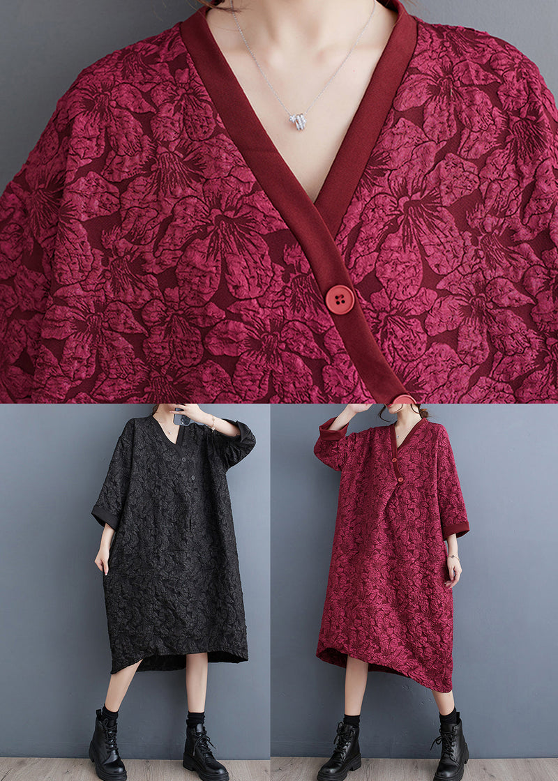 Red V Neck Jacquard Patchwork Cotton Dress Fall