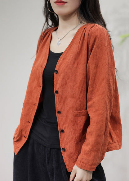 Orange Pockets Cotton Coat Coats V Neck Fall
