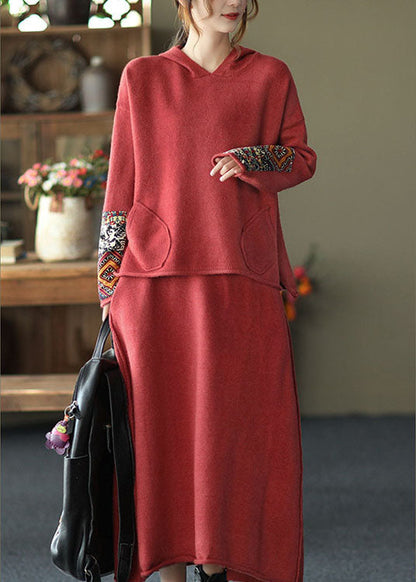 Red Oriental Hooded Knit Fall Two Pieces Set