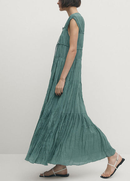 Blue V Neck Wrinkled Lace Up Cotton Long Dresses Summer