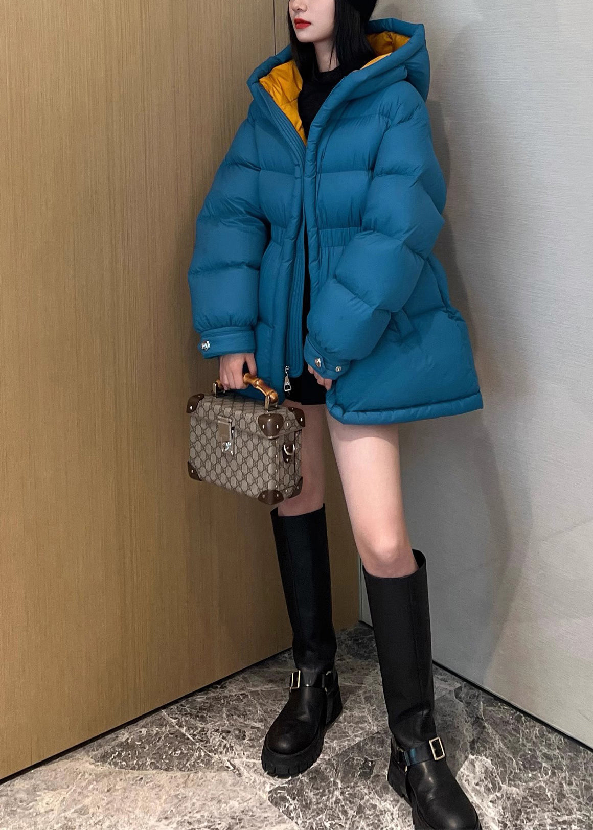 Simple Peacock Blue Cinched Duck Down Down Coats Winter