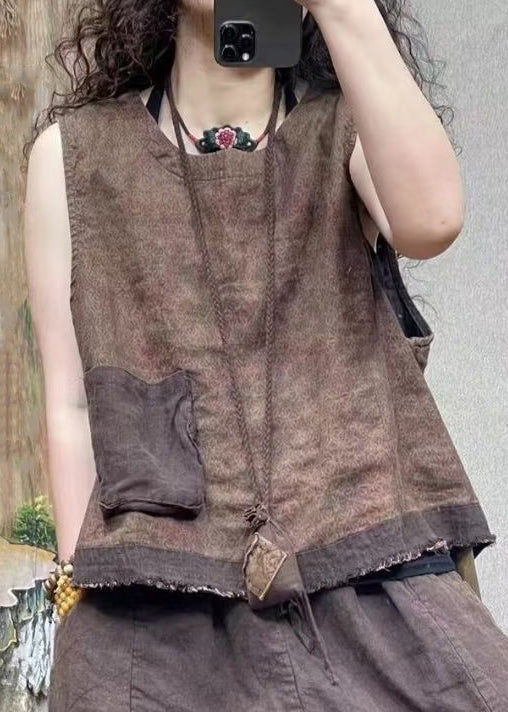Blue O-neck Print Pockets Linen Waistcoat Sleeveless