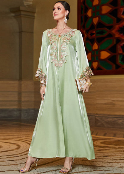 Fitted Light Green O-neck Embroideried Lace Patchwork Silk Long Dress Fall