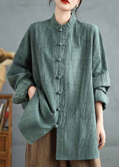Green Stand Collar Chinese Button Cotton Shirt Top Spring
