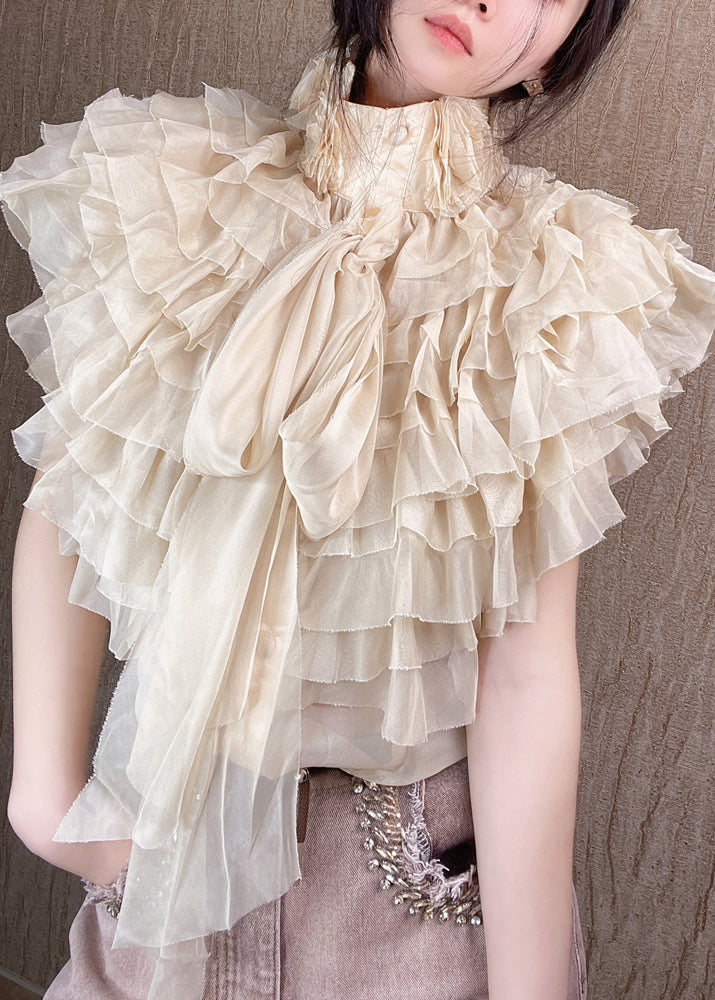 Black Layered Ruffled Stand Collar Bow Shirts Summer