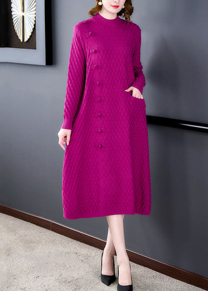 Rose Button Woolen Knitted Winter Dress O-neck