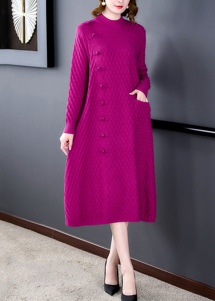 Rose Button Woolen Knitted Winter Dress O-neck