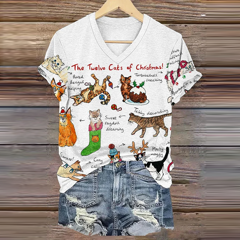 Comstylish Women's The Twelve Cats Of Christmas Print Casual T-Shirt
