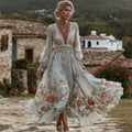 Comstylish Women's Vintage Bohemian Floral Embroidered Casual Long Sleeve Dress