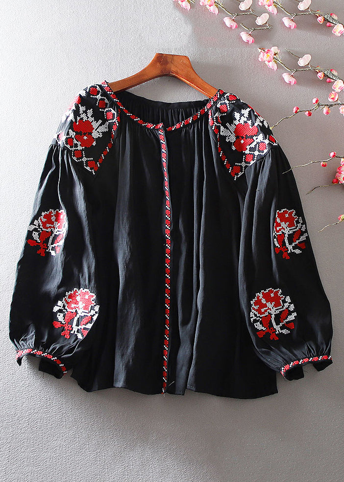 White Embroidered Shirt Lantern Sleeve