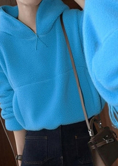 Blue Pockets Patchwork Faux Fur Hooded Sweatshirts Fall