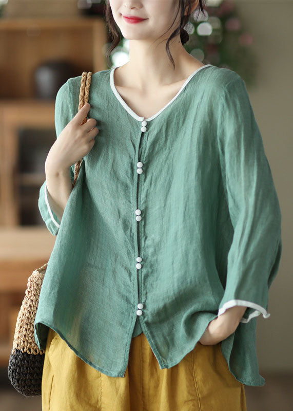 White O Neck Patchwork Linen Blouses Summer