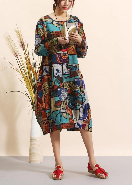 Blue Geometric Clothes O Neck Maxi Spring Dresses
