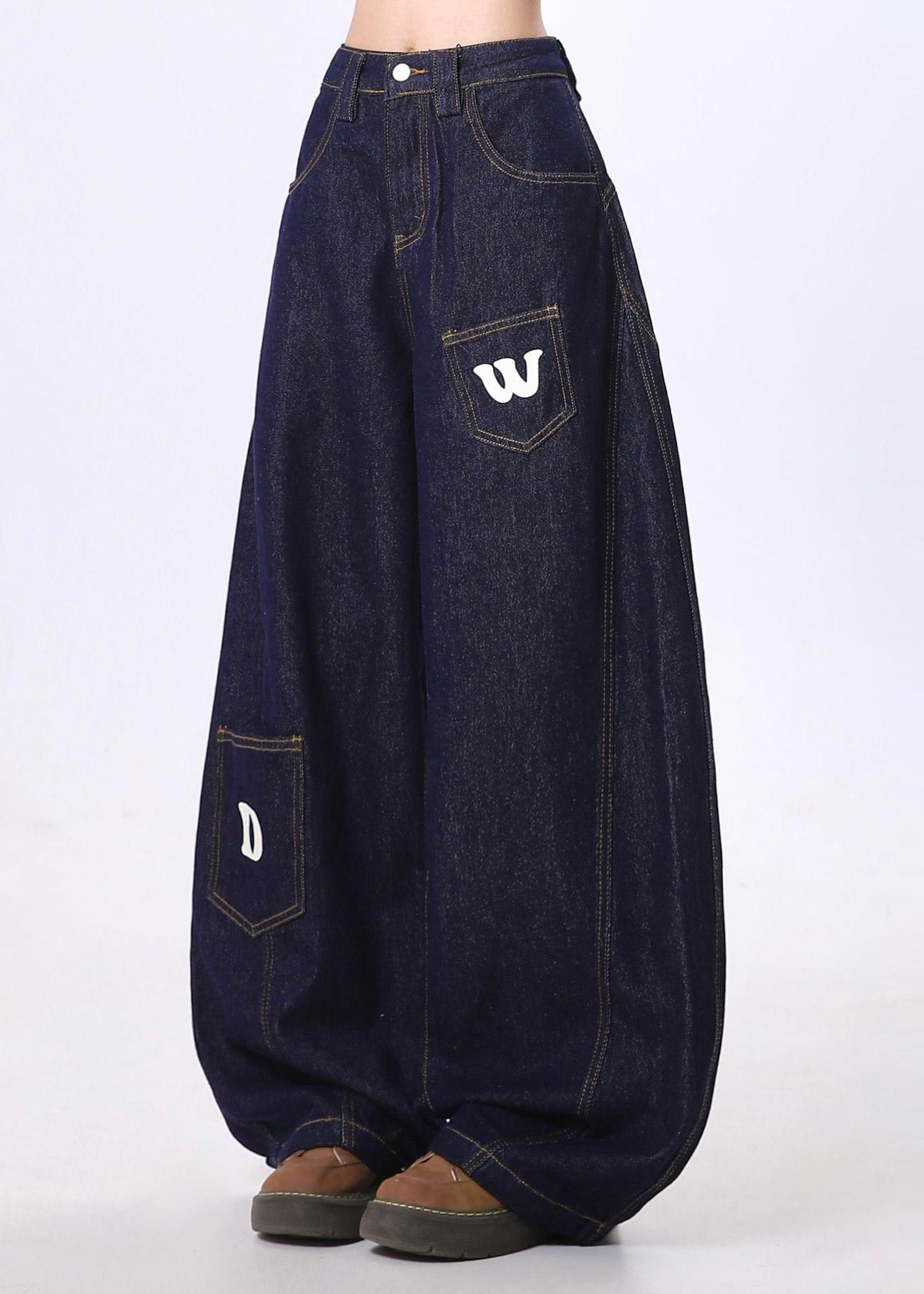 Navy Letter Print Denim Wide Leg Pants Spring