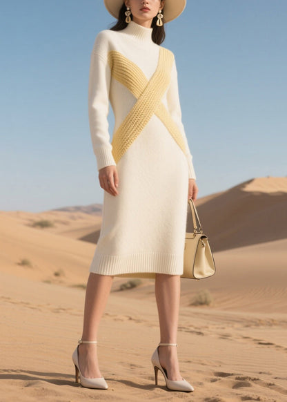 White High Neck Patchwork Knit Dress Winter