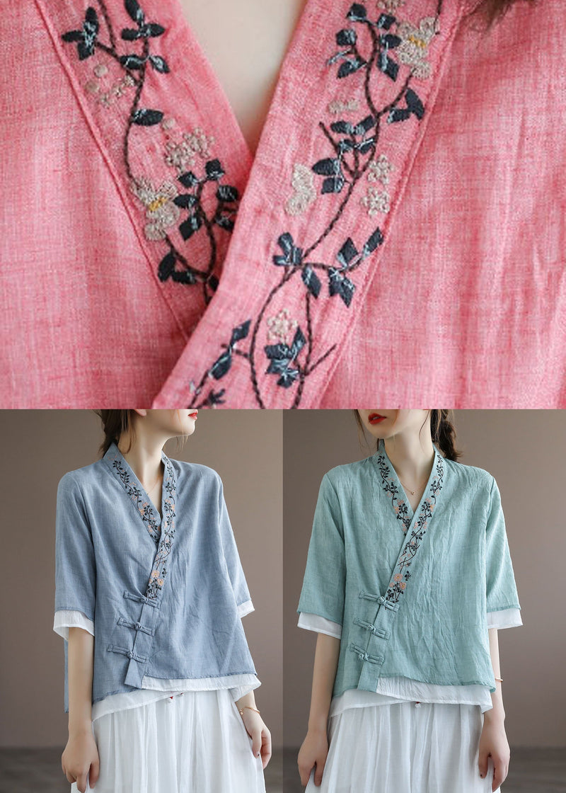 Chinese Style Lake Yellow Leopard Print V Neck Double-deck Cotton Top Half Sleeve