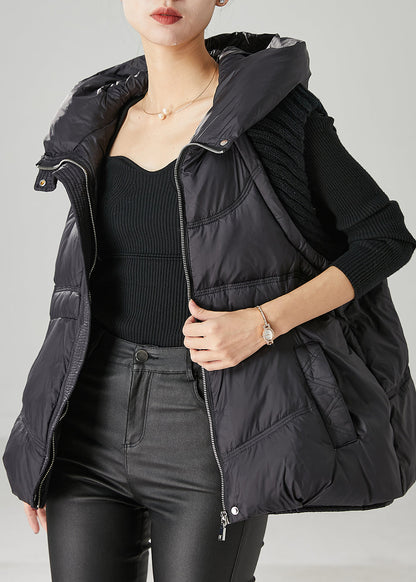 Boutique Black Hooded Patchwork Duck Down Puffer Vests Winter