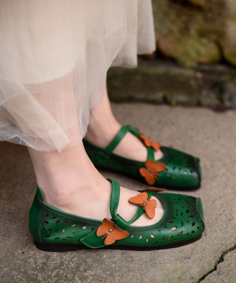 Green Flat Shoes for Cowhide Leather Soft Butterfly Splicing Hollow Out