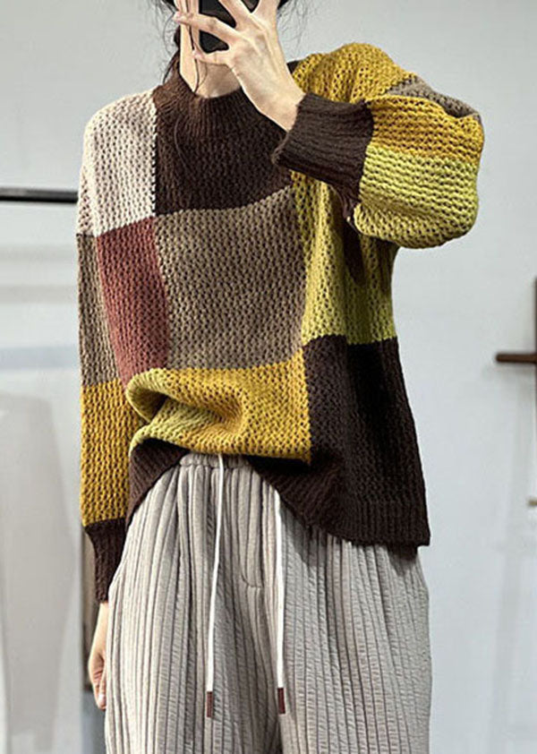 Boutique Khaki O-neck Thick Patchwork Knit Sweater Winter