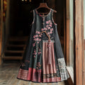 Women's Cherry Blossom Embroidery Patchwork Art Linen Tank Dress artswardrobe