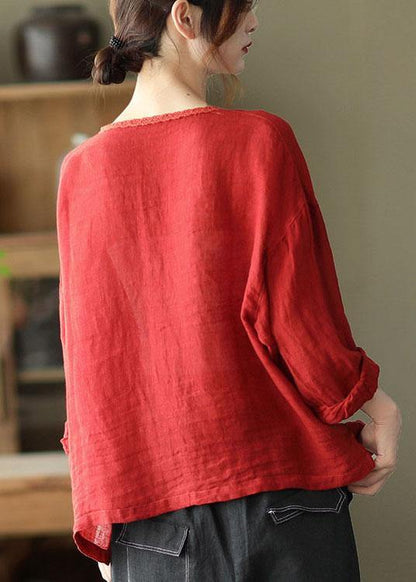 Modern Red Hollow Out Embroideried Pockets Fall Long Sleeve Shirt Tops