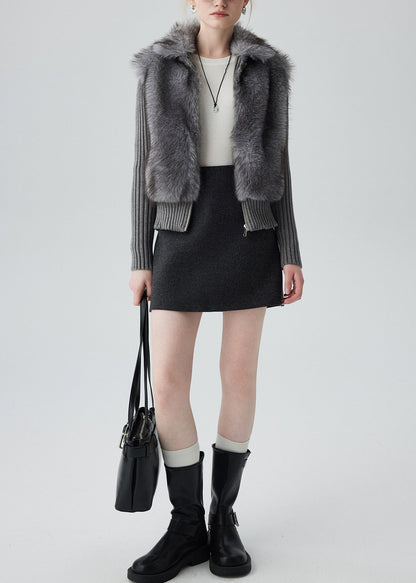 Grey Peter Pan Collar Patchwork Faux Fur Knit Cardigan Winter
