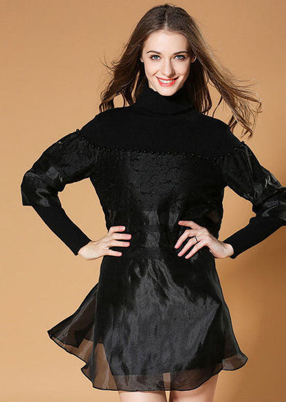Black Turtle Neck Nail Bead Patchwork Organza Knit Dresses Spring