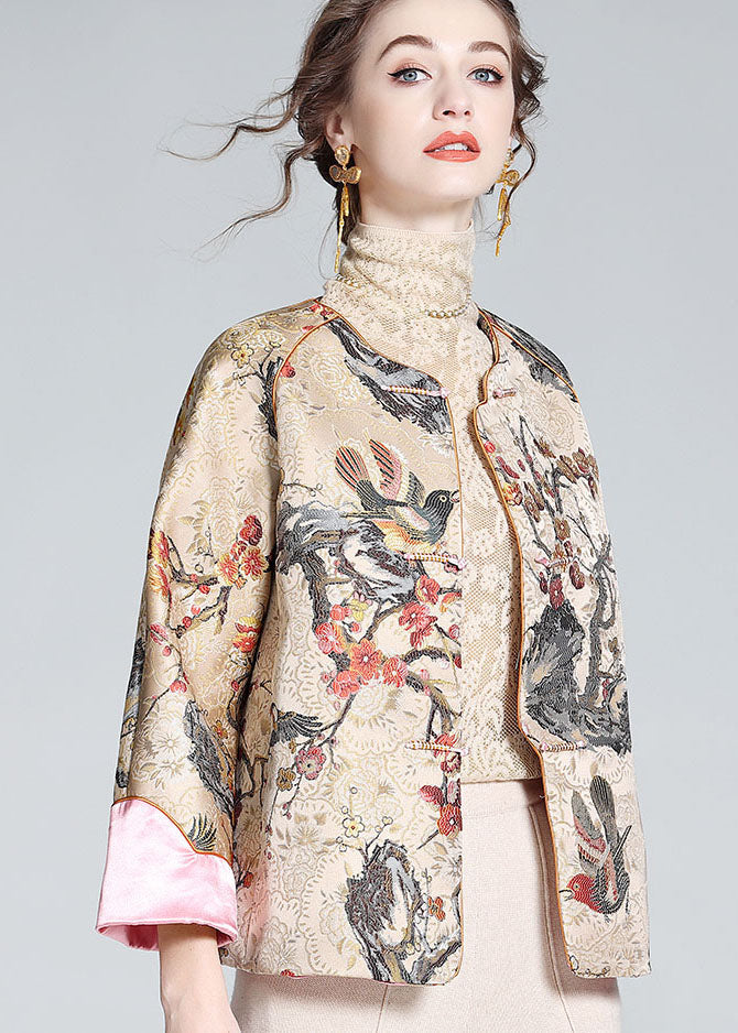 Diy Apricot O-neck Embroideried Patchwork Chinese Button Silk Coats Spring