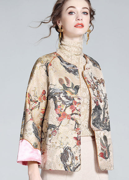 Diy Apricot O-neck Embroideried Patchwork Chinese Button Silk Coats Spring