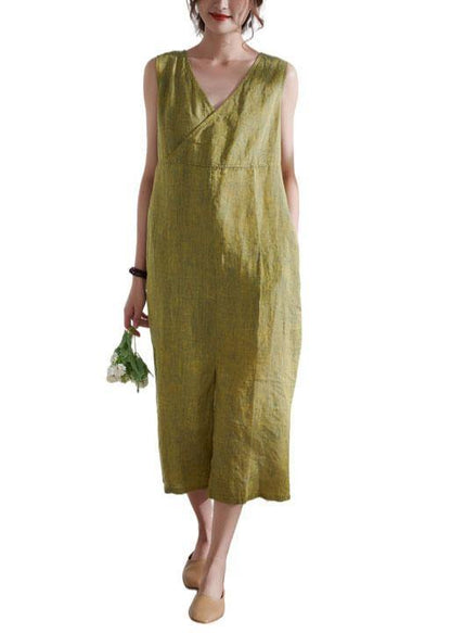 Yellow Pockets Patchwork Summer Linen Long Dress Sleeveless